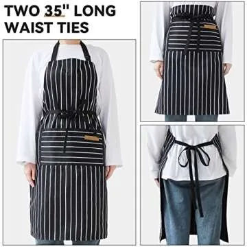 NLUS 2 Pack Cooking Aprons for Women with Pockets Adjustable Kitchen Bib Aprons for Women Men Chef, Black/White Stripe (Classic Black/White Stripes)