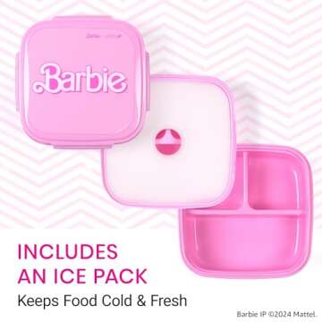 Yoobi x Barbie Bento Box for Kids and Adults with Ice Pack, 3 Compartment Girls Lunch Box, Reusable Snack Container, Divided Food Storage Containers, Microwave and Dishwasher Safe, Leakproof