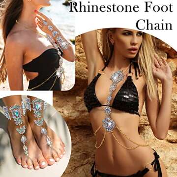Boho Rhinestone Statement Chest Chain Shiny Crystal Necklace Body Chain Beach Rhinestone Anklet Bare...