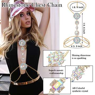 Boho Rhinestone Statement Chest Chain Shiny Crystal Necklace Body Chain Beach Rhinestone Anklet Barefoot Sandals Foot Chain Women Wedding Body Jewelry Accessories (Colorful)