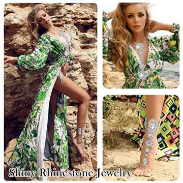 Boho Rhinestone Statement Chest Chain Shiny Crystal Necklace Body Chain Beach Rhinestone Anklet Barefoot Sandals Foot Chain Women Wedding Body Jewelry Accessories (Colorful)