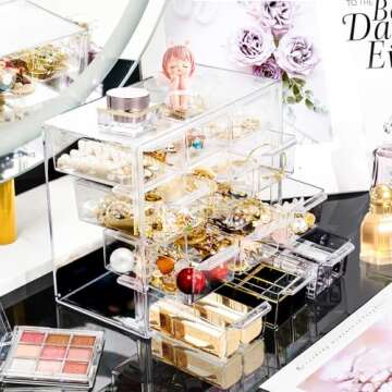 Desk Storage Organizer with 12 Mini Drawers, FODIENS Clear Desktop Craft Drawer Cabinet, Stackable S...