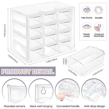Desk Storage Organizer with 12 Mini Drawers, FODIENS Clear Desktop Craft Drawer Cabinet, Stackable Storage Box Caddy for Makeup Jewelry Office Craft Supplies (7.09x3.94x6.1in)