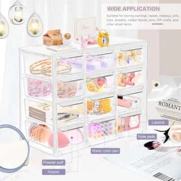 Desk Storage Organizer with 12 Mini Drawers, FODIENS Clear Desktop Craft Drawer Cabinet, Stackable Storage Box Caddy for Makeup Jewelry Office Craft Supplies (7.09x3.94x6.1in)