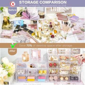 Desk Storage Organizer with 12 Mini Drawers, FODIENS Clear Desktop Craft Drawer Cabinet, Stackable Storage Box Caddy for Makeup Jewelry Office Craft Supplies (7.09x3.94x6.1in)