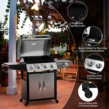 MASTER COOK Gas Grill, BBQ 4-Burner Cabinet Style Grill Propane with Side Burner, Stainless Steel