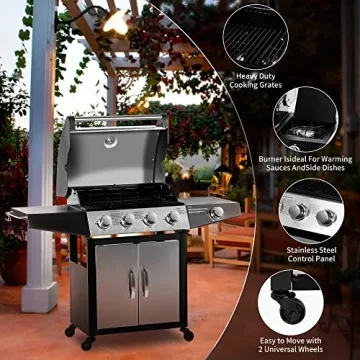 MASTER COOK Gas Grill, BBQ 4-Burner Cabinet Style Grill Propane with Side Burner, Stainless Steel