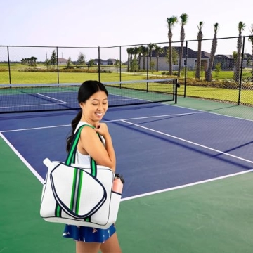 Queen of the Court - Brooklyn Pickleball Bag - Pickleball Bags Women, Pickle Ball Bag, Pickleball Case, Pickleball Tote Bag, Pickelball Bag, Pickle ball Bag For Women (White Navy/Green/Silver)