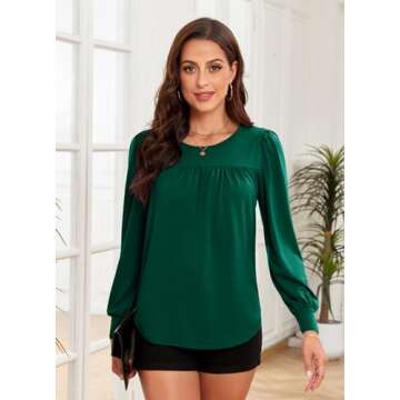 ArtJuly Womens Dressy Casual Tops Plus Size Long Sleeve Shirts Cute Pleated Crewneck Blouse Loose Tu...