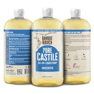 Bamboo And Birch Pure Castile Soap Liquid Organic, Certified Palm Oil Free Natural Soap, Unscented, 32 oz