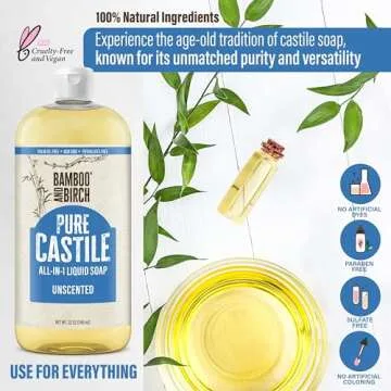 Bamboo And Birch Pure Castile Soap Liquid Organic, Certified Palm Oil Free Natural Soap, Unscented, 32 oz