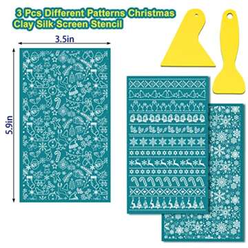 BUSOHA Christmas Silk Screen Stencils for Polymer Clay, 3Pcs Reusable Silk Screens with 2Pcs Clay Scraper for Polymer Clay Cutters Making Earring Jewelry, Christmas Decoration