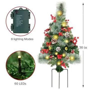 Juegoal 2 Pack 30 Inch Pre-Lit Pathway Christmas Trees, Artificial Christmas Urn Filler with 60 LED Lights, Red Berries, Pine Cones & Balls Ornaments, Battery Operated Holiday Decor for Driveway, Yard