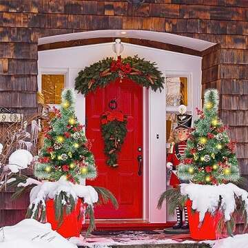 Juegoal 2 Pack 30 Inch Pre-Lit Pathway Christmas Trees, Artificial Christmas Urn Filler with 60 LED Lights, Red Berries, Pine Cones & Balls Ornaments, Battery Operated Holiday Decor for Driveway, Yard