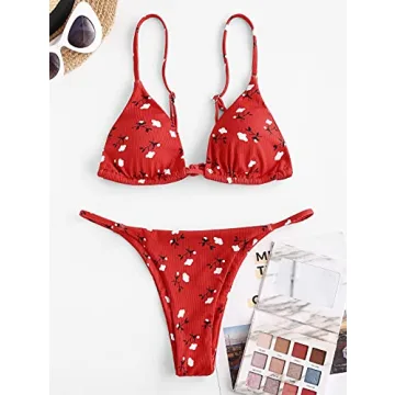ZAFUL Floral Bikini Set Sexy Triangle Top Cheeky Thong