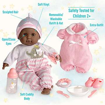 JC Toys 15" Realistic Soft Body African American Baby Doll with Open/Close Eyes Berenguer Boutique | 10 Piece Gift Set with Bottle, Rattle, Pacifier & Accessories | Pink | Ages 2+