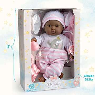 JC Toys 15" Realistic Soft Body African American Baby Doll with Open/Close Eyes Berenguer Boutique | 10 Piece Gift Set with Bottle, Rattle, Pacifier & Accessories | Pink | Ages 2+