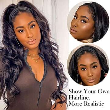 K'ryssma Headband Wig Synthetic Long Wavy Black Headband Wigs for Black Women Natural Looking High D...