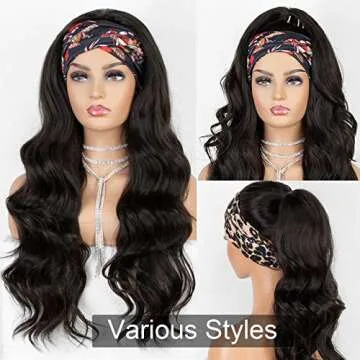 K'ryssma Headband Wig Synthetic Long Wavy Black Headband Wigs for Black Women Natural Looking High Density Glueless Synthetic Wig Heat Resistant