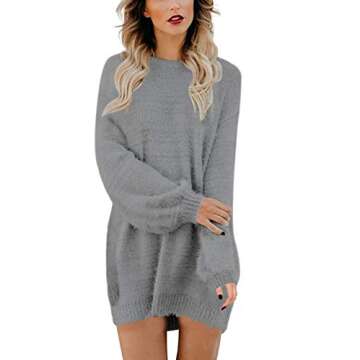 Meenew Women's Crewneck Knitted Sweater Dress Oversized Pullover Sweater Gray S