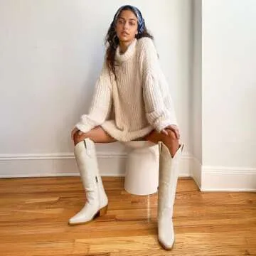 Platikly White Cowboy Boots for Women - Embroidered Western Cowgirl Boots, Wide Calf Knee High Tall ...