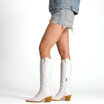 Platikly White Cowboy Boots for Women - Embroidered Western Cowgirl Boots, Wide Calf Knee High Tall Footwear, Almond Pointed Toe Chunky Heel Pull On Zipper Classic Retro Country Style US 9