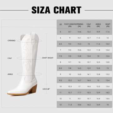 Platikly White Cowboy Boots for Women - Embroidered Western Cowgirl Boots, Wide Calf Knee High Tall Footwear, Almond Pointed Toe Chunky Heel Pull On Zipper Classic Retro Country Style US 9