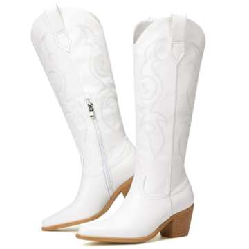 Platikly White Cowboy Boots for Women - Embroidered Western Cowgirl Boots, Wide Calf Knee High Tall Footwear, Almond Pointed Toe Chunky Heel Pull On Zipper Classic Retro Country Style US 9