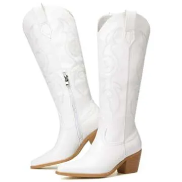 Platikly White Cowboy Boots for Women - Embroidered Western Cowgirl Boots, Wide Calf Knee High Tall Footwear, Almond Pointed Toe Chunky Heel Pull On Zipper Classic Retro Country Style US 9