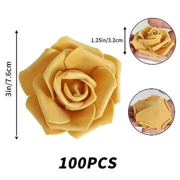 INSUNSIX 100 PCS Foam Flower Bulk Gold Rose Artificial Flowers Foam Roses Fake Flowers Faux Roses for DIY Wedding Bouquets Centerpieces Arrangements Party Baby Shower Home Decor(Gold)