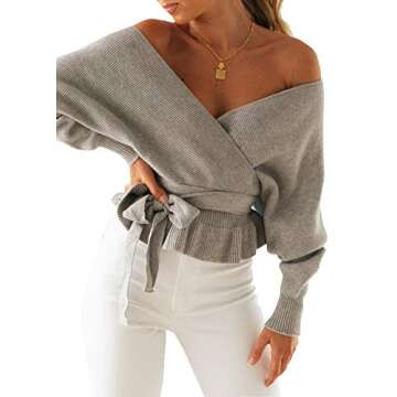 ZESICA Women's Wrap V Neck Long Batwing Sleeve Belted Waist Ruffle Knitted Sweater Pullover Top