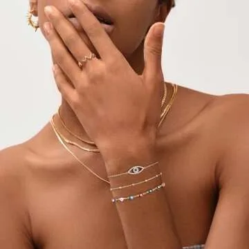 MEVECCO Bracelet for Women Gold Evil Eye Round Zirconia Pave 14K Gold Plated Dainty Chain Simple Protection Jewelry