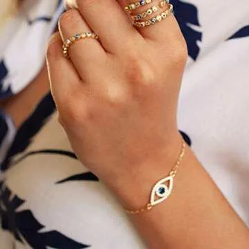 MEVECCO Bracelet for Women Gold Evil Eye Round Zirconia Pave 14K Gold Plated Dainty Chain Simple Protection Jewelry