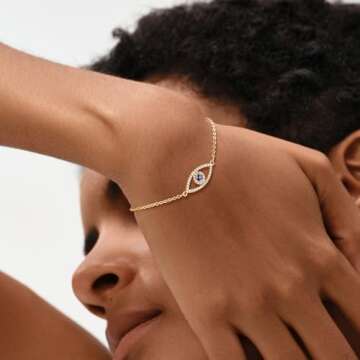 MEVECCO Bracelet for Women Gold Evil Eye Round Zirconia Pave 14K Gold Plated Dainty Chain Simple Protection Jewelry