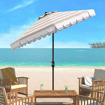 SAFAVIEH PAT8011A Outdoor Collection Maui Beige and White Single Scallop Striped 9Ft Crank Push Button Tilt Umbrella