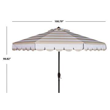 SAFAVIEH PAT8011A Outdoor Collection Maui Beige and White Single Scallop Striped 9Ft Crank Push Button Tilt Umbrella
