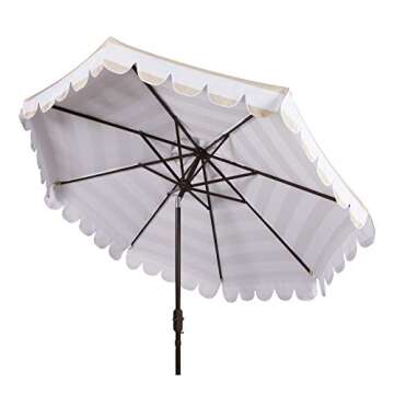 SAFAVIEH PAT8011A Outdoor Collection Maui Beige and White Single Scallop Striped 9Ft Crank Push Button Tilt Umbrella
