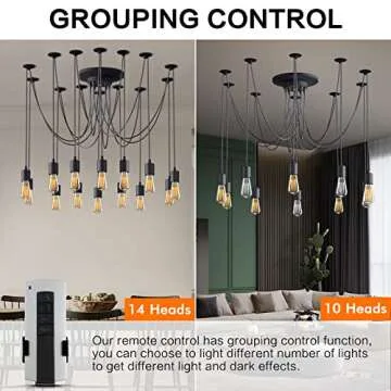 Fuloon Vintage Edison Multiple Ajustable DIY Ceiling Spider Lamp Light Pendant Lighting Chandelier Modern Chic Industrial Dining with Romote Control (14 Head Cable 200cm/78.7inch Each)