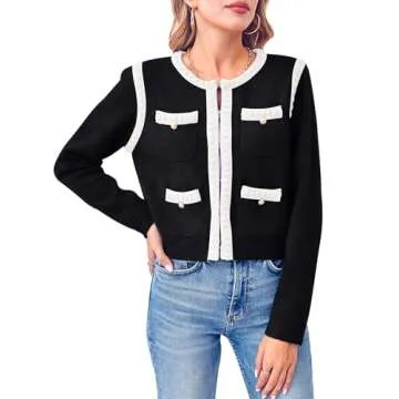 Esobo Womens Knit Cardigan Sweaters Open Front Long Sleeve Cropped Trendy Jacket Outerwear(Black-White,Large)