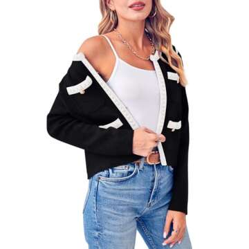 Esobo Womens Knit Cardigan Sweaters Open Front Long Sleeve Cropped Trendy Jacket Outerwear(Black-White,Large)