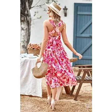 ZAFUL Women's Summer Maxi Dress Boho Floral Casual Ruffle Smocked Halter Backless Knot Long Flowy Beach Sun Dress