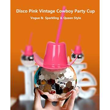 2 Pcs,Disco Ball Cups,Fashionable Pink Disco Ball Cowboy Hat,Disco Ball Cup with straw for Christmas Day,Halloween,Achelorette Party,New Year’s Eve,Birthday Party,Reusable And Removable