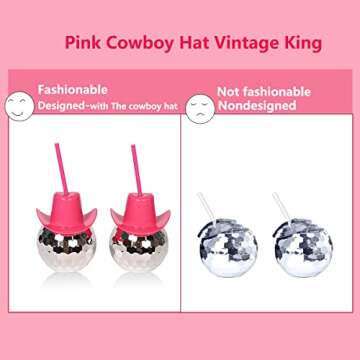 2 Pcs,Disco Ball Cups,Fashionable Pink Disco Ball Cowboy Hat,Disco Ball Cup with straw for Christmas Day,Halloween,Achelorette Party,New Year’s Eve,Birthday Party,Reusable And Removable
