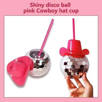 2 Pcs,Disco Ball Cups,Fashionable Pink Disco Ball Cowboy Hat,Disco Ball Cup with straw for Christmas Day,Halloween,Achelorette Party,New Year’s Eve,Birthday Party,Reusable And Removable