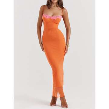 Zebaexf Womens Birthday Slip Long Dresses Sexy Prom Sleeveless Bodycon Party Maxi Dress Orange S