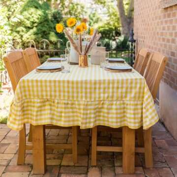 Galley and Fen Square Tablecloth - Cotton 60 x 60 inch Ruffled Table Cloth - Indoor or Outdoor Kitchen Dining - for Banquet Wedding Party Picnic Camping Table Cover - Yellow Checkered