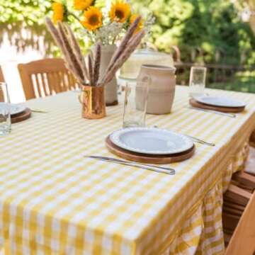 Galley and Fen Square Tablecloth - Cotton 60 x 60 inch Ruffled Table Cloth - Indoor or Outdoor Kitchen Dining - for Banquet Wedding Party Picnic Camping Table Cover - Yellow Checkered