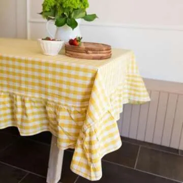 Galley and Fen Square Tablecloth - Cotton 60 x 60 inch Ruffled Table Cloth - Indoor or Outdoor Kitchen Dining - for Banquet Wedding Party Picnic Camping Table Cover - Yellow Checkered