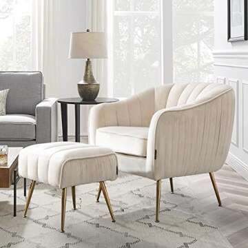 Altrobene Velvet Accent Chair with Ottoman, Living Room Bedroom Chair Set, Modern Barrel Arm Chair a...
