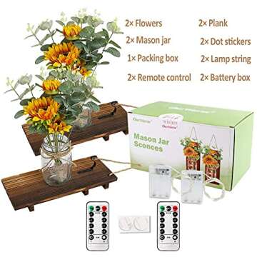 OurWarm Sunflower Wall Sconces Set of Two - Mason Jar Decor with LED Lights and Remote Control for H...